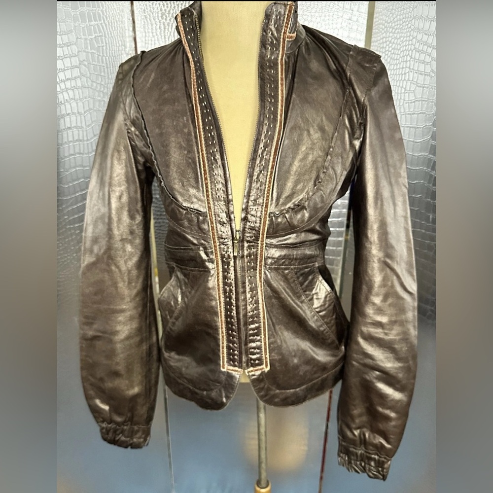 June Brand Chocolate Brown Leather Jacket with Colorful Silk Lining Size XS